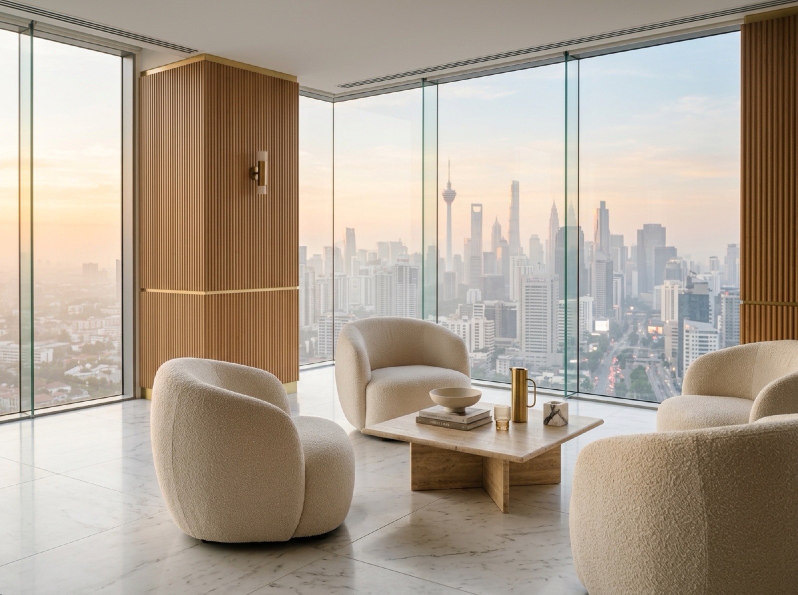 Sunlit lounge with floor-to-ceiling glass and a city skyline beyond